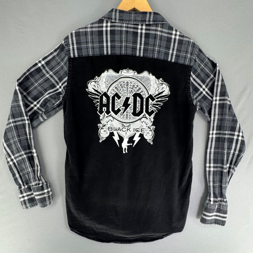 Zara‎ Man AC/DC Black Ice Plaid Flannel Graphic Button Down Shirt Mens Med Black